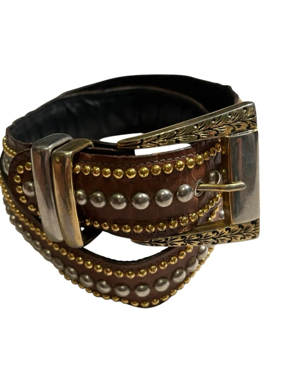 Vintage Sand Castle USA Studded Leather Western Belt Brown Gold Silver Rodeo